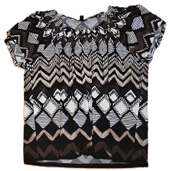 3X Women's short sleeve black, white, and brown geometric pattern shirt - Picture 1 of 2